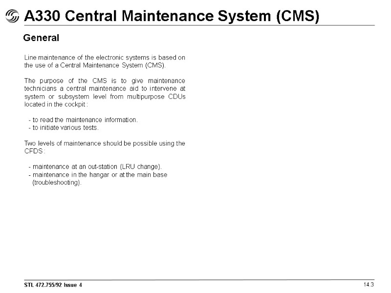 A330 Central Maintenance System (CMS) 14.3 Line maintenance of the electronic systems is based
